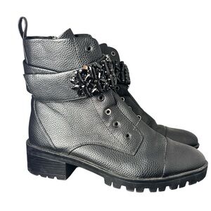 Karl Lagerfeld Paris Payson Embellished Combat Boots Black Lug Sole US 10M
